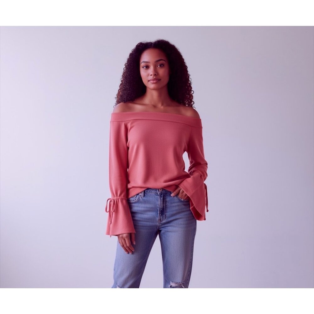 NWT Express One Eleven Brushed Off The Shoulder Tie Sleeve Sweatshirt Pink XS